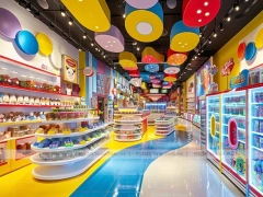 Yellow Blue with Playful Ceiling Discs Confectionery Display Store