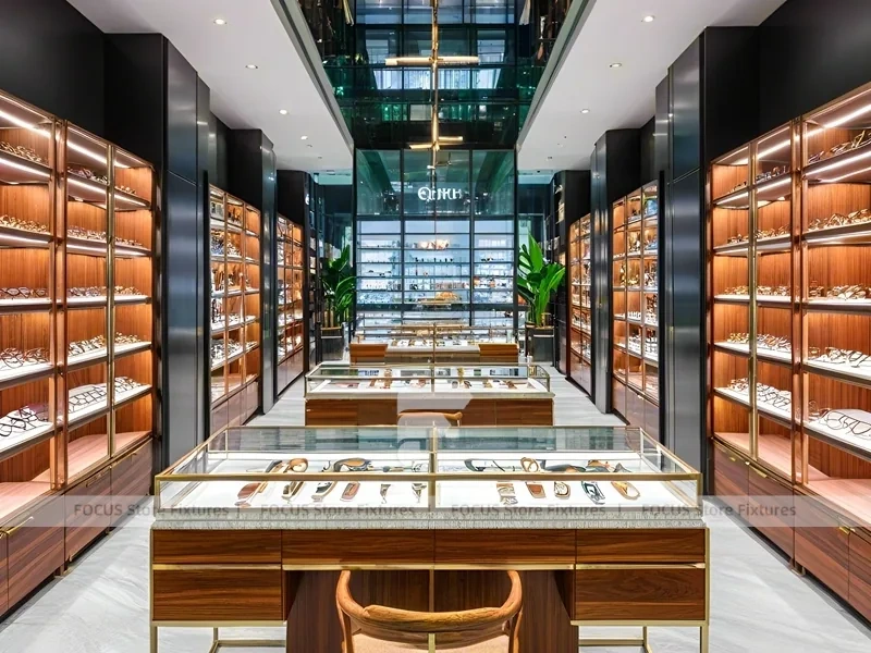 Amber Corridor Eyewear Boutique Hall with Slim Center Display Tables