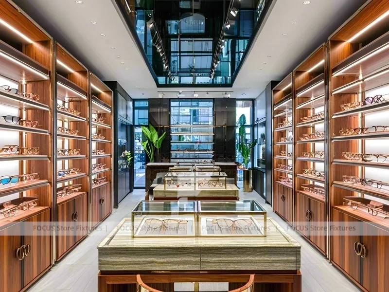 Amber Corridor Eyewear Boutique Hall with Slim Center Display Tables