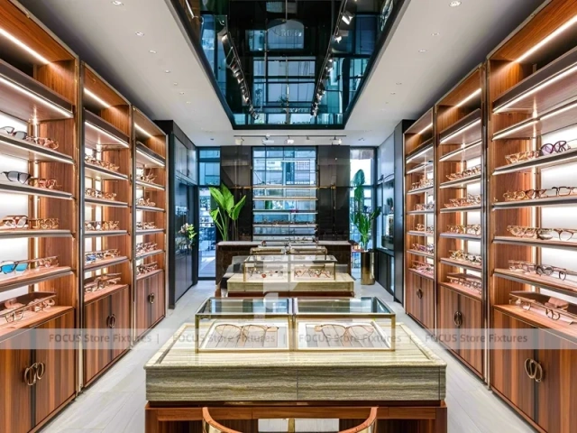 Amber Corridor Eyewear Boutique Hall with Slim Center Display Tables