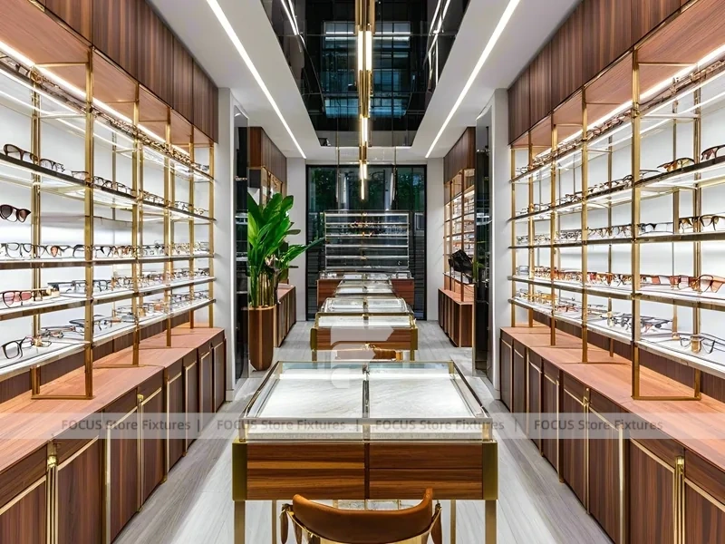 Amber Corridor Eyewear Boutique Hall with Slim Center Display Tables