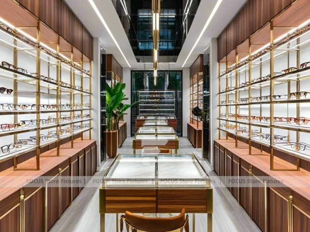 Amber Corridor Eyewear Boutique Hall with Slim Center Display Tables
