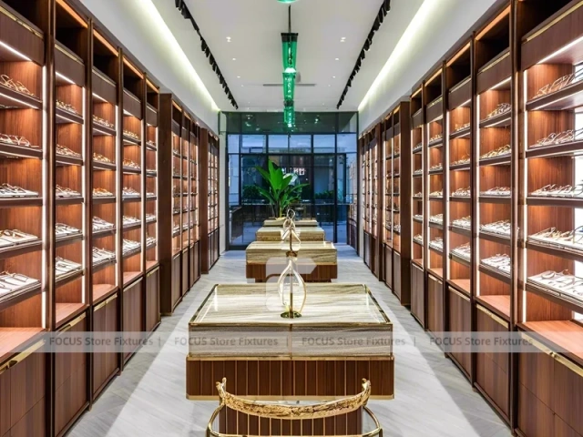Amber Corridor Eyewear Boutique Hall with Slim Center Display Tables