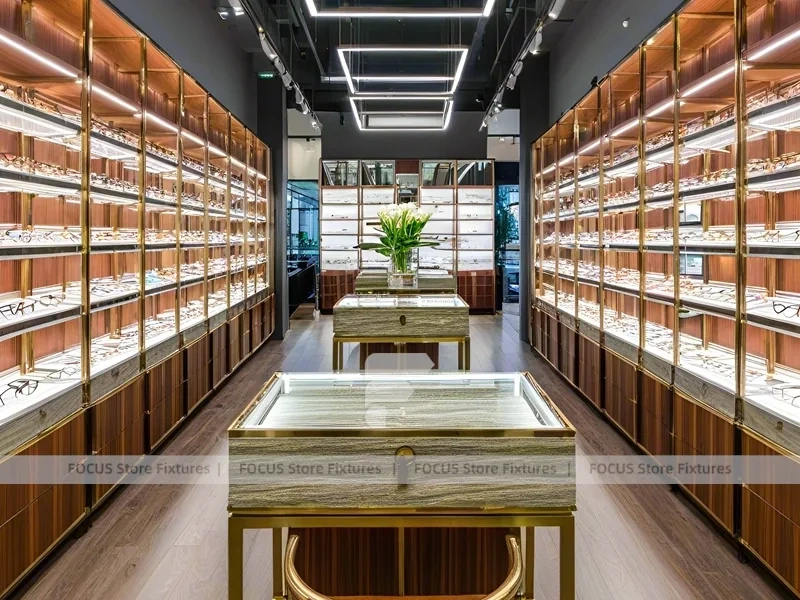 Amber Corridor Eyewear Boutique Hall with Slim Center Display Tables