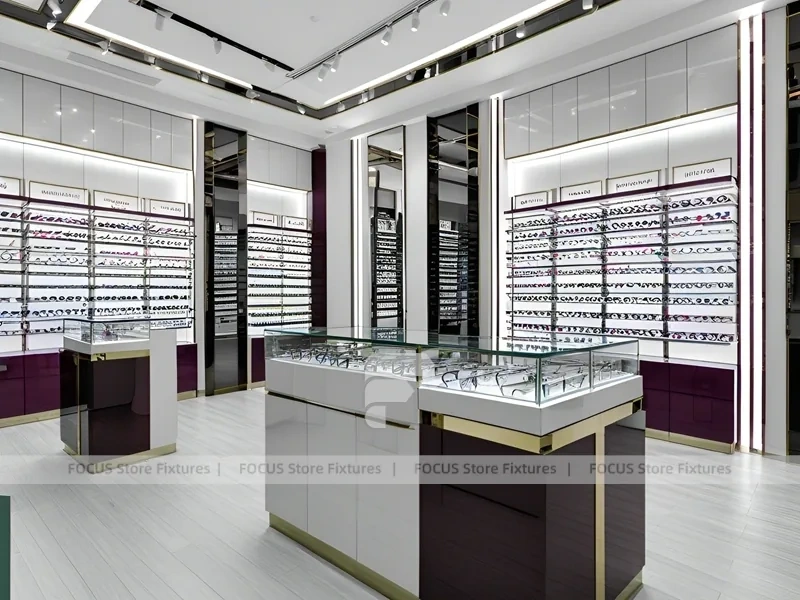 Aubergine White Eyewear Wall Gallery with White Glass Island