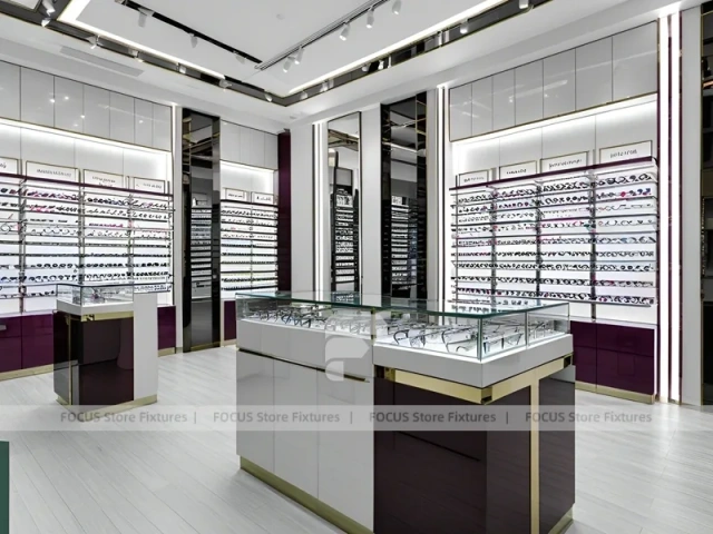 Aubergine White Eyewear Wall Gallery with White Glass Island