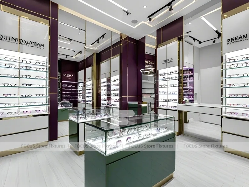Aubergine White Eyewear Wall Gallery with White Glass Island