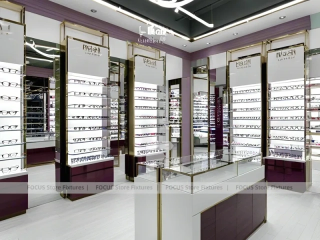 Aubergine White Eyewear Wall Gallery with White Glass Island