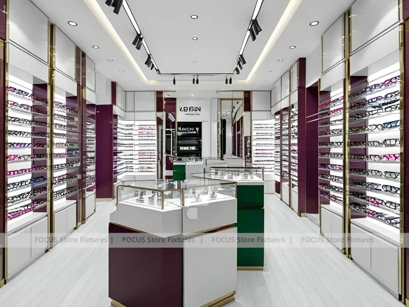 Aubergine White Eyewear Wall Gallery with White Glass Island