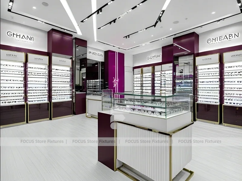 Aubergine White Eyewear Wall Gallery with White Glass Island
