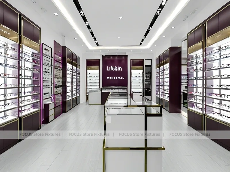 Aubergine White Eyewear Wall Gallery with White Glass Island
