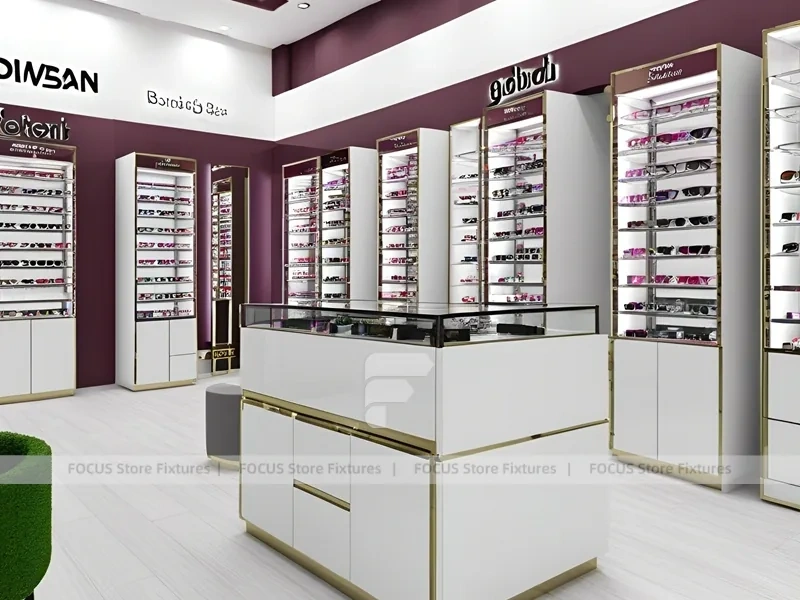 Aubergine White Vision Retail Interior with White Glass Island