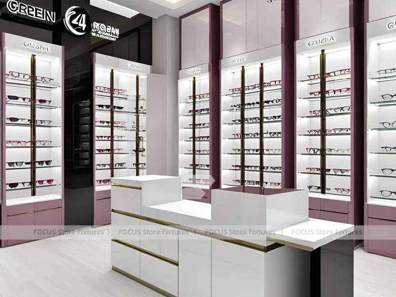 Aubergine White Vision Retail Interior with White Glass Island