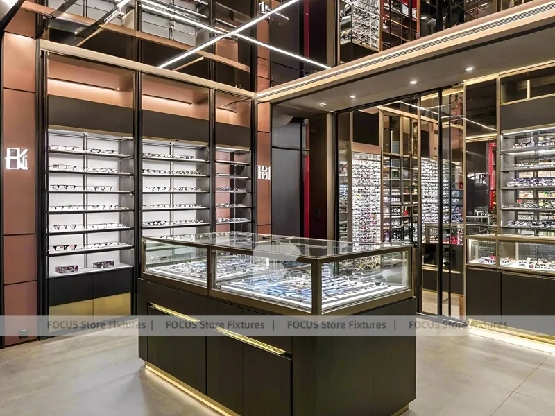 Black Frame Loft Eyewear Urban Showroom with Green Lit Display Bench