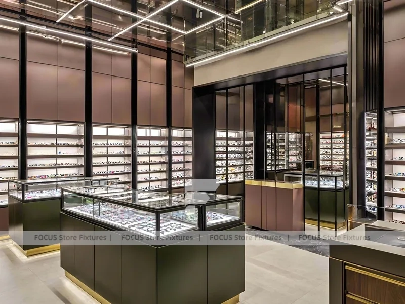 Black Frame Loft Eyewear Urban Showroom with Green Lit Display Bench
