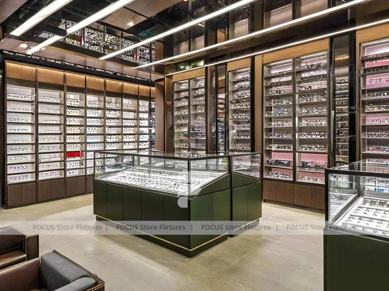 Black Frame Loft Eyewear Urban Showroom with Green Lit Display Bench