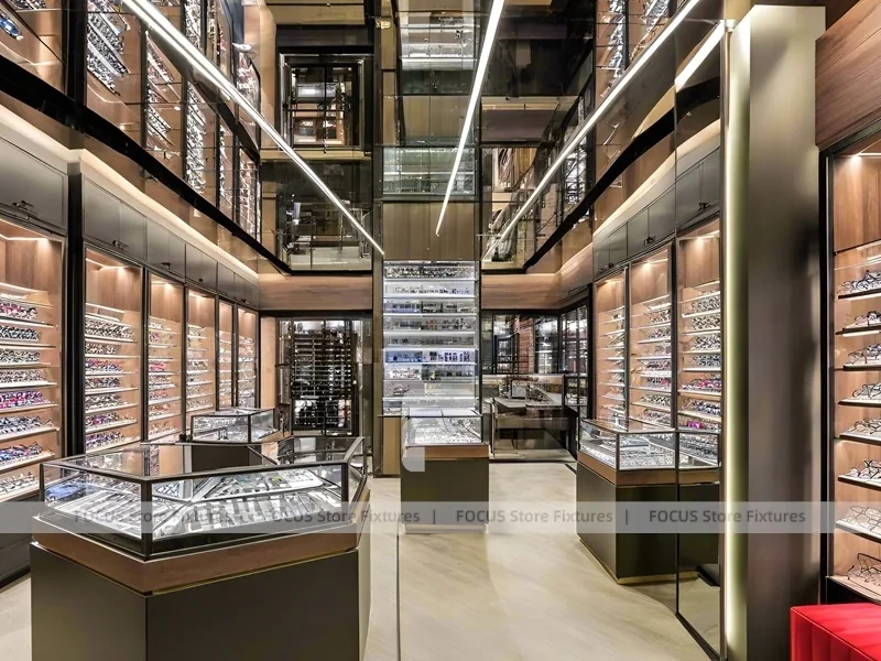 Black Frame Loft Eyewear Urban Showroom with Green Lit Display Bench