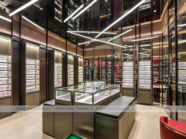Black Frame Loft Eyewear Urban Showroom with Green Lit Display Bench