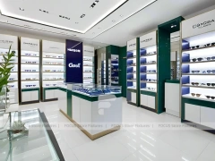 Black Frame Loft Optical Loft Gallery with Green Lit Display Bench