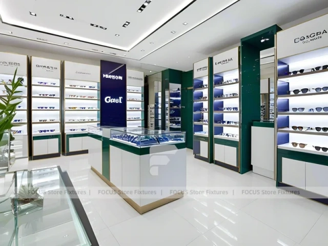 Black Frame Loft Optical Loft Gallery with Green Lit Display Bench