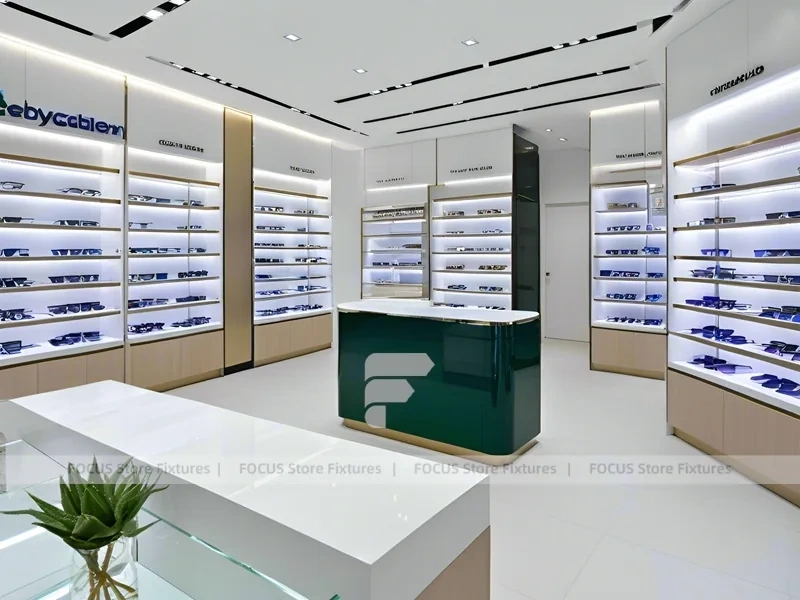 Black Frame Loft Optical Loft Gallery with Green Lit Display Bench