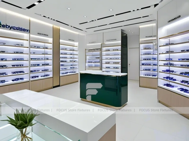 Black Frame Loft Optical Loft Gallery with Green Lit Display Bench