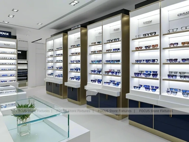Black Frame Loft Optical Loft Gallery with Green Lit Display Bench