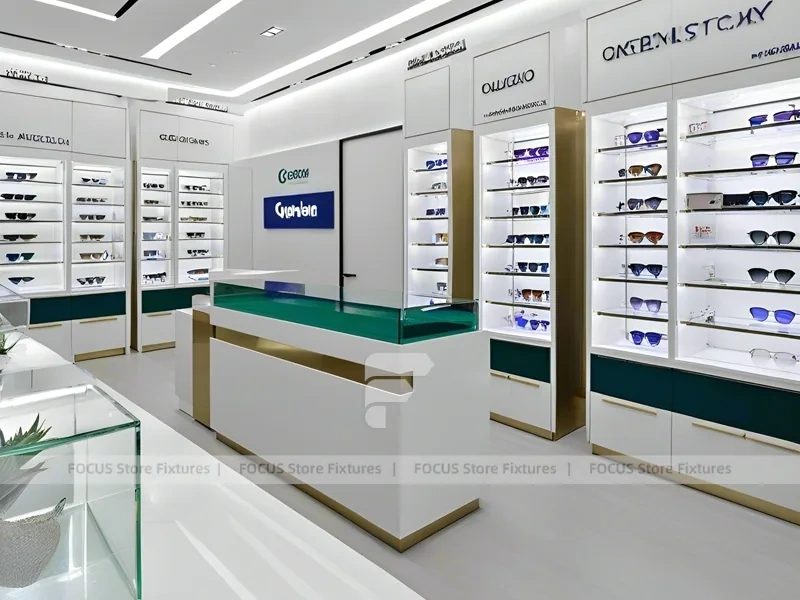 Black Frame Loft Optical Loft Gallery with Green Lit Display Bench