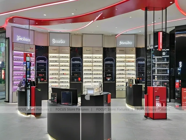 Blush Accent Optical Concept Store with Curved Red Portal