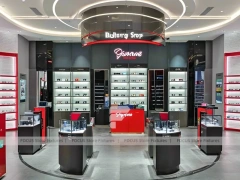 Blush Accent Optical Concept Store with Curved Red Portal