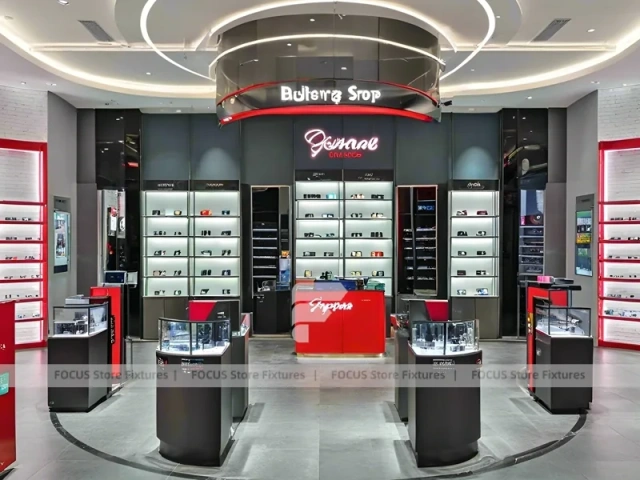 Blush Accent Optical Concept Store with Curved Red Portal