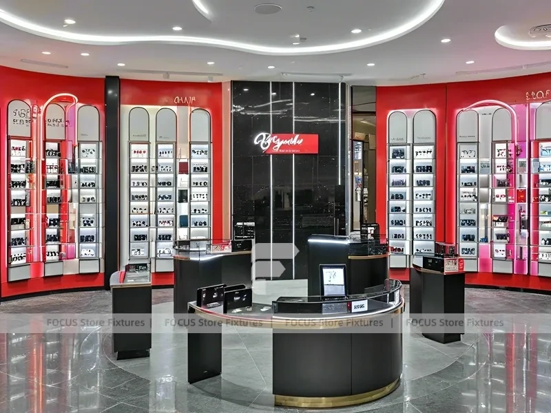Blush Accent Optical Concept Store with Curved Red Portal