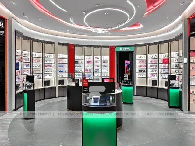Blush Accent Optical Concept Store with Curved Red Portal