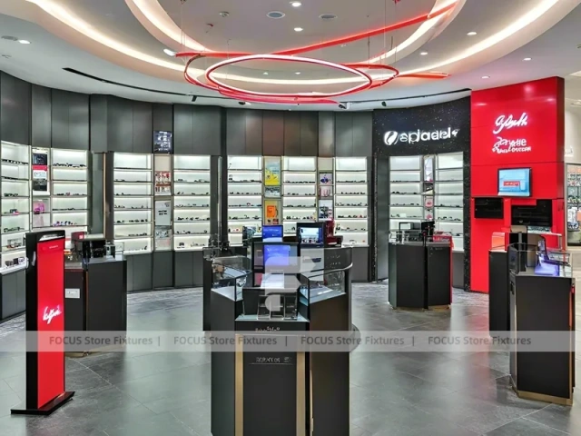 Blush Accent Optical Concept Store with Curved Red Portal