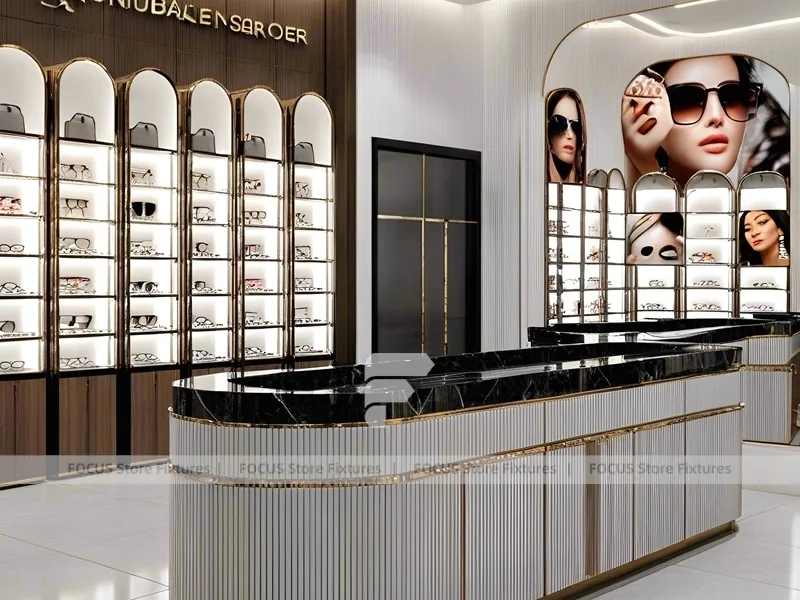 Blush Accent Optical Consultation Boutique with Poster-Lit Display Wall