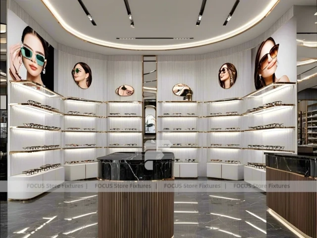 Blush Accent Optical Consultation Boutique with Poster-Lit Display Wall