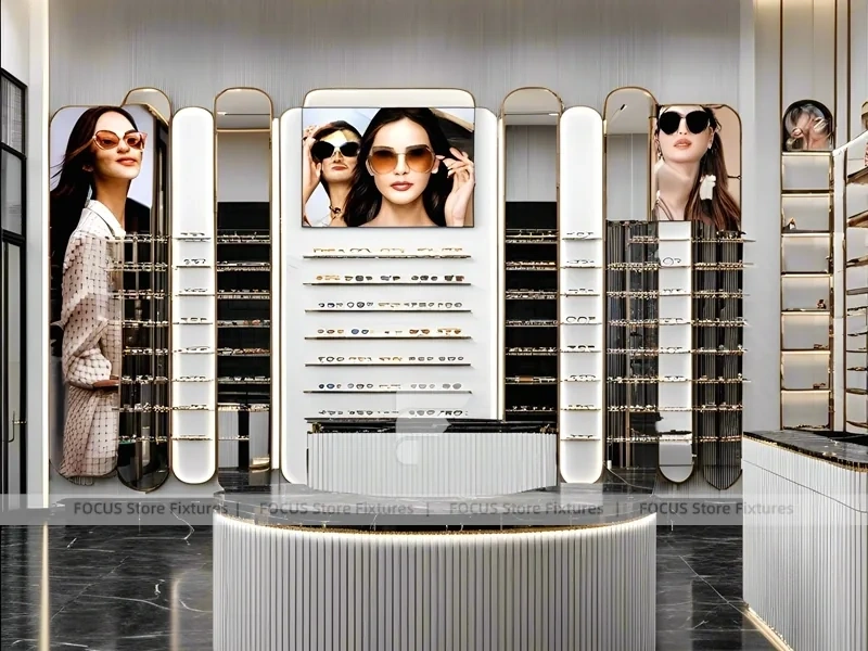 Blush Accent Optical Consultation Boutique with Poster-Lit Display Wall