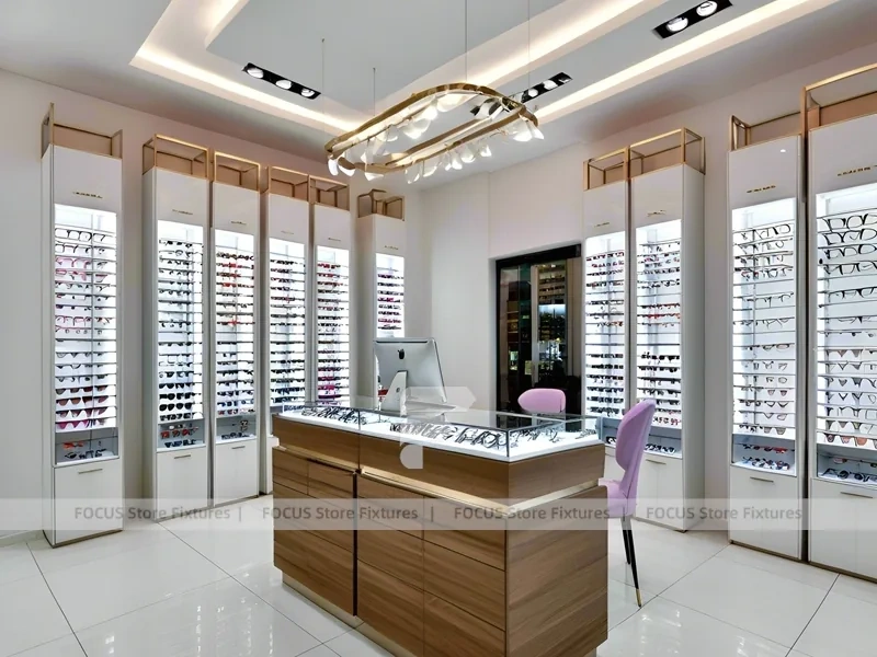 Blush Accent Optical Consultation Lounge with Arched Display Alcoves