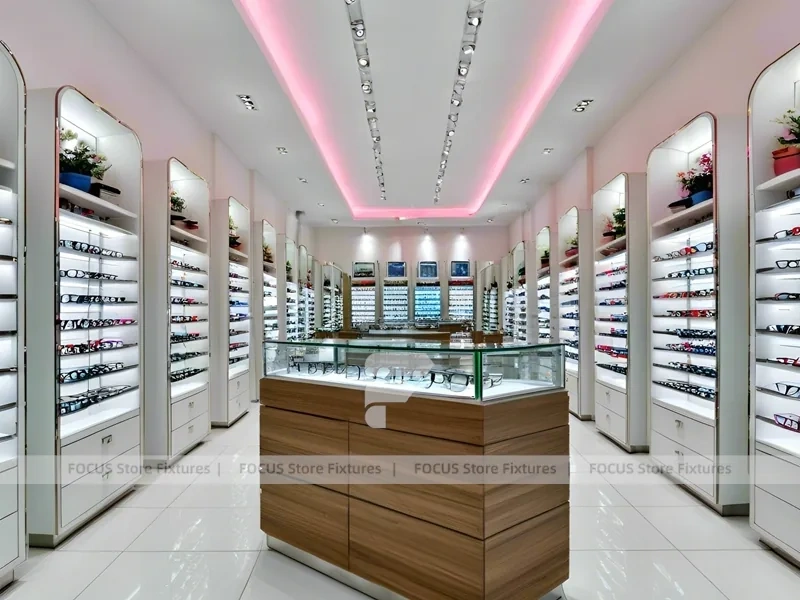 Blush Accent Optical Consultation Lounge with Arched Display Alcoves