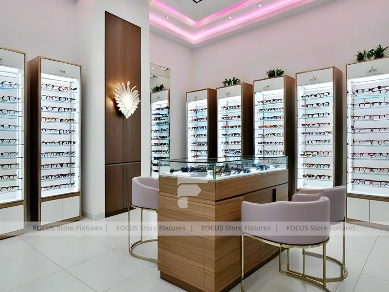 Blush Accent Optical Consultation Lounge with Arched Display Alcoves