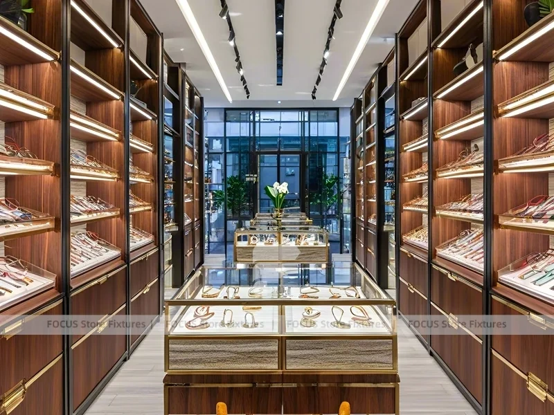 Blush Accent Optical Corridor Gallery with Slim Center Display Tables
