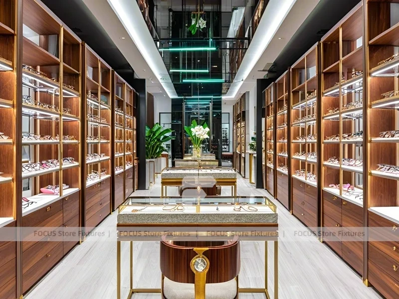 Blush Accent Optical Corridor Gallery with Slim Center Display Tables