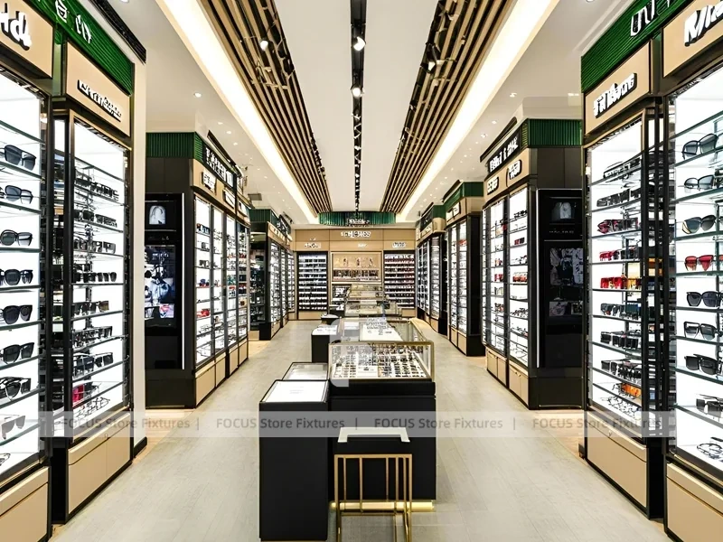 Blush Accent Optical Display Corridor with Double-Sided Display Tables