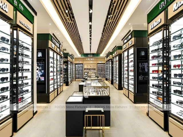 Blush Accent Optical Display Corridor with Double-Sided Display Tables