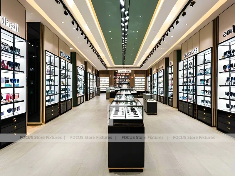 Blush Accent Optical Display Corridor with Double-Sided Display Tables
