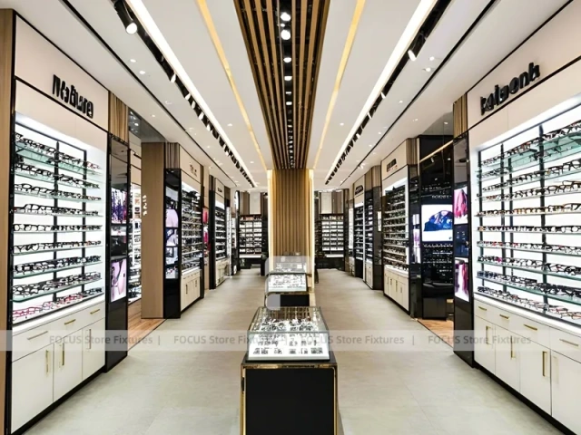 Blush Accent Optical Display Corridor with Double-Sided Display Tables