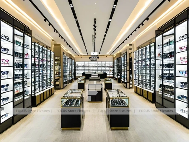 Blush Accent Optical Display Corridor with Double-Sided Display Tables