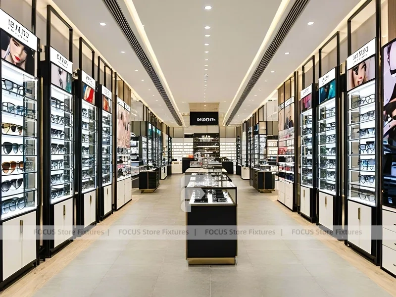 Blush Accent Optical Display Corridor with Double-Sided Display Tables