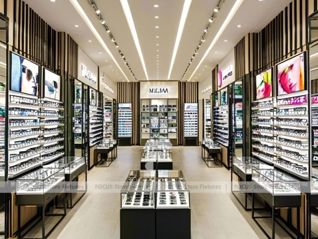 Blush Accent Optical Display Corridor with Double-Sided Display Tables