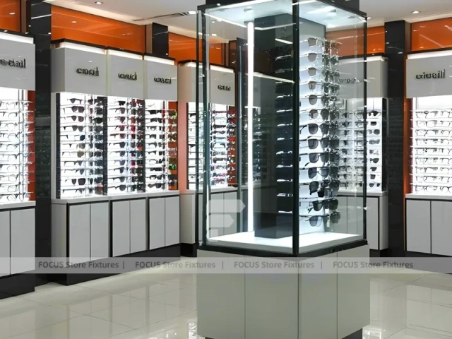 Blush Accent Optical Mall Display with Illuminated Pillar Towers